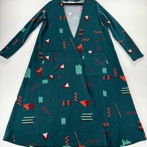 LuLaRoe Sarah Duster Cardigan Women's Sm Teal Green Geometric Pattern Open Front